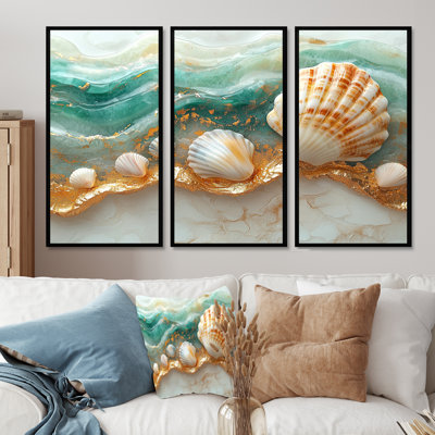 Coquillage et sable émeraude I - art mural côtier large - 3 panneaux