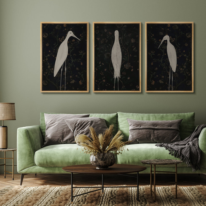 Impression florale sur toile à motif floral, grue blanche triptyque, oiseau botanique rétro, Naturel, H 24 po x l 36 po