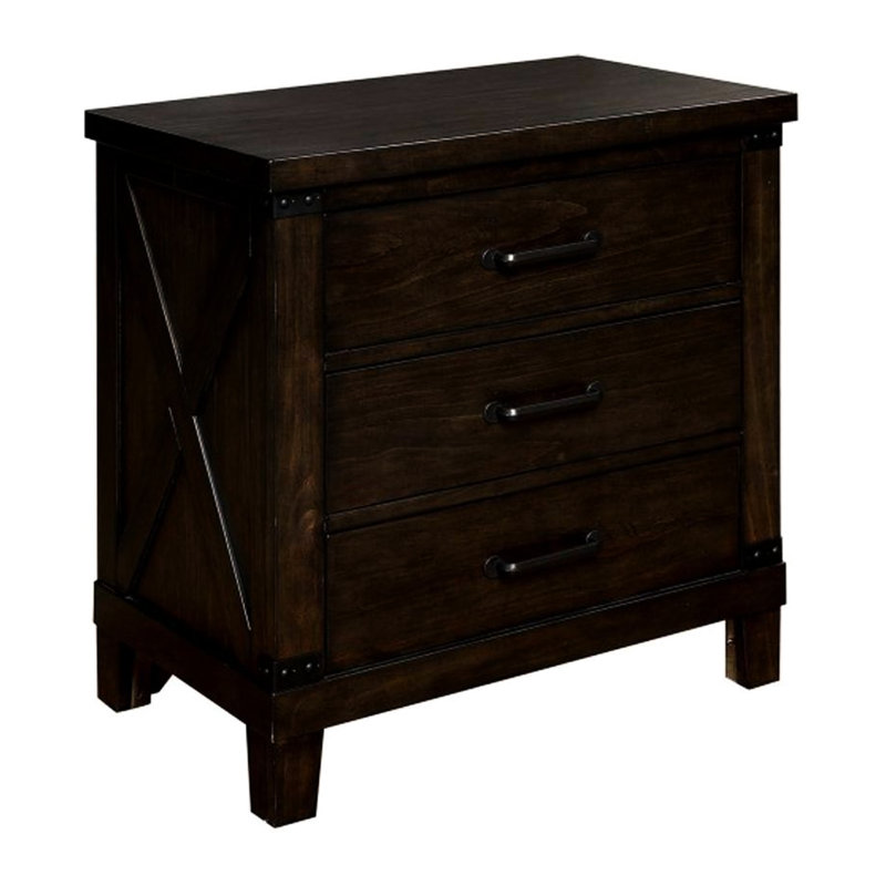 Table de chevet en bois de noyer foncé de style rustique avec 3 tiroirs et armoire à poignées noires