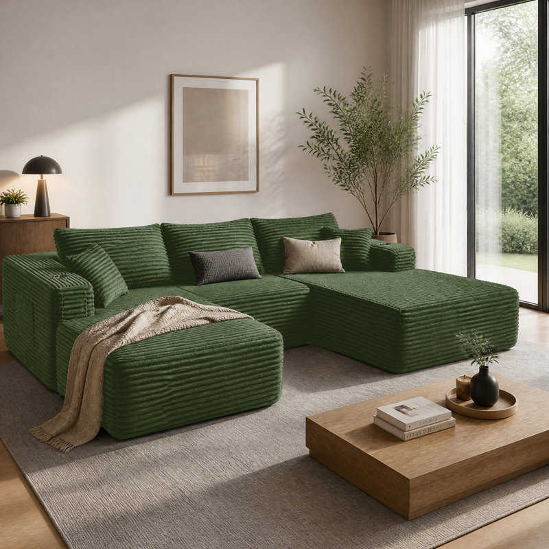 108" Right Hand Facing Corner Sectional With Chaise And Ottoman Corduroy Upholstered Compression L-Shaped Sofa