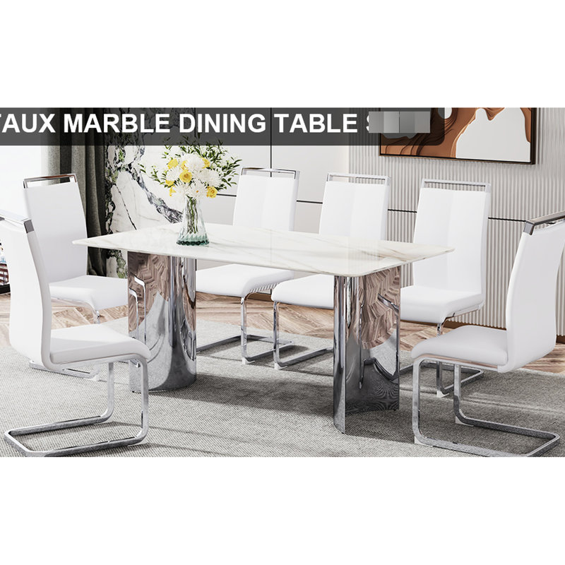 Table de salle à manger polyvalente de 63 pouces avec verre en marbre, pieds en acier inoxydable et 6 sièges - pour les fêtes décontractées