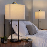 Lehn 28" Contemporary Metal Table Lamp with Wireless Charging in Oil Bronze and Natural Linen Shade - Set of 2