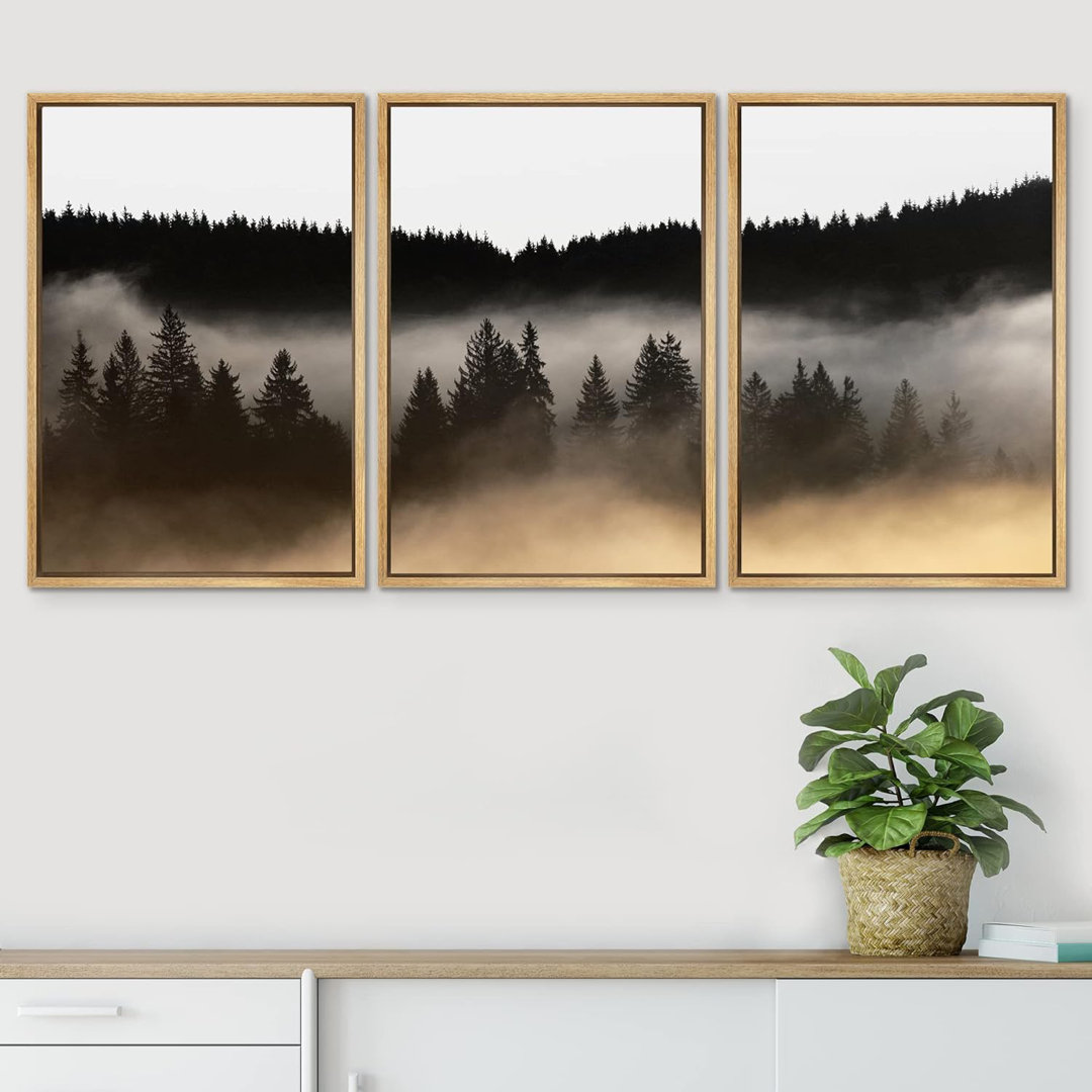 Misty Forest Landscape " Framed Canvas Print Wall Art Woodland Nursery Decor Set Misty Dark Mountain Forest Silhouette Nature Wilderness Modern Art Rustic Landscape For Living Room, Bedroom, Office " 3 - Pieces IDEA4WALL