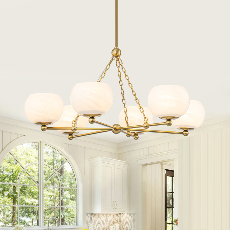 Lustre moderne en laiton 6 lumières avec abat-jour en verre texturé, hauteur réglable de 23,62 po à 78,74 po, compatible avec un îlot de cuisine de salle à manger