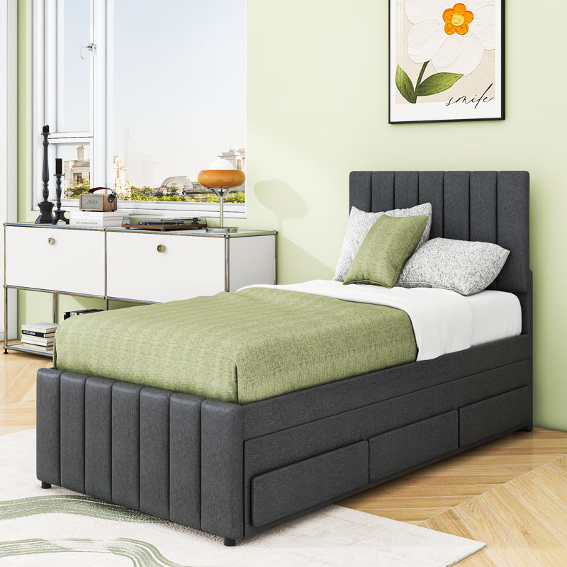 Lit plateforme tapissier à 3 tiroirs avec lit gigogne, gris, Simple