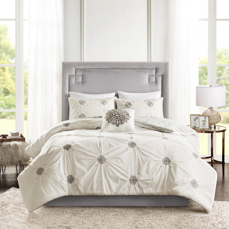 Housse de couette 4 pièces, coton brodé, revers imprimé médaillon gris, housse de couette en coton doux, aspect chambre à coucher de luxe