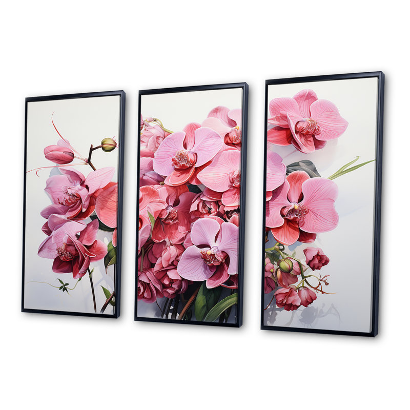 «Pink Orchids Minimalisme Dream» - ensemble d'art mural Orchidées, Cadre flottant noir, H 32 po x l 48 po x P 1 po