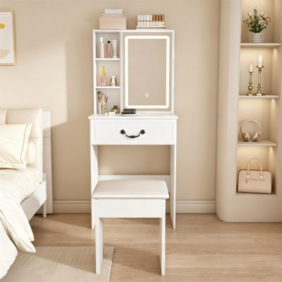 Modern Mini Dressing Table with LED-Lit Mirror & Hidden Storage, Adjustable Brightness Vanity Desk, Includes Padded Stool, Multi-Tier Dust-Proof Shelves, White