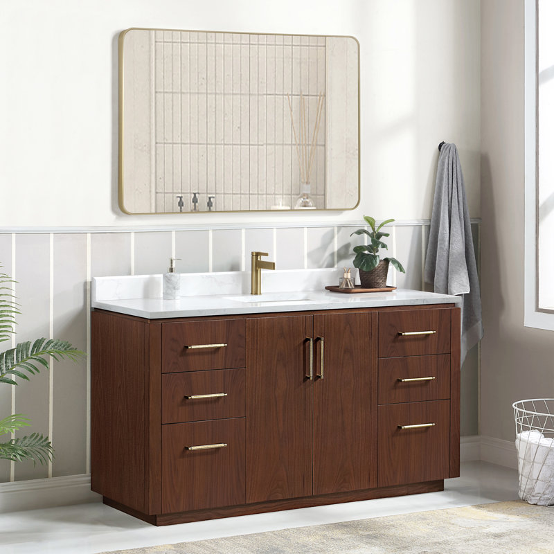 Meuble-lavabo simple 60 po avec plateau en pierre composite Cloverfield, Noyer naturel, Or