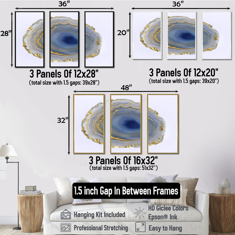 Golden Water Agate - ensemble d'art mural sur toile Glam, ensemble de 3, H 28 po x l 36 po x P 1 po, Cadre noir