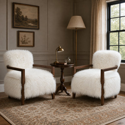 Fauteuil d'appoint 2 pièces moderne en fausse fourrure avec accoudoirs en bois