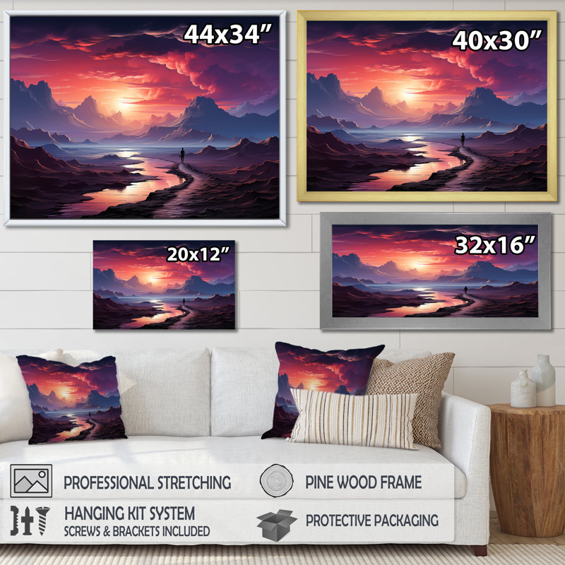 «Mauve et rose», homme perdu dans le désert III - Art mural paysages spatiaux, Cadre flottant noir