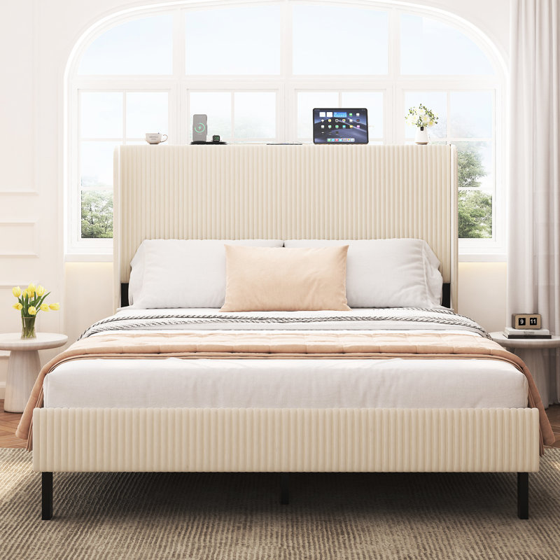 Noise Queen Metal Bed Frame With Charging In Headboard, Beige Colour, Support Framework, Fast Installation Time, No Box Spring Required Size Platform Construction, Long - Lasting Durability, Needed,