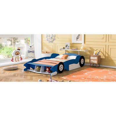 Lit double en forme de voiture de course avec roues stables, bleu - offre une expérience de sommeil paisible