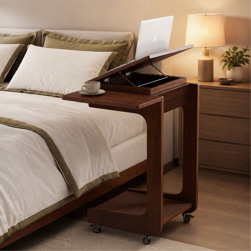 Table d'appoint en forme de C – Roulettes – Plateau pliable et réglable à 360° – Support pour ordinateur portable – Noyer – Bois massif