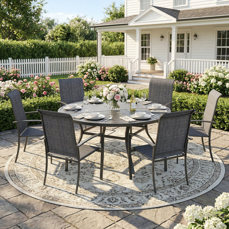 6-Person Round Patio Dining Set With Stackable Textilene Chairs, Black/Black