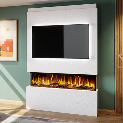 Evolution Fires Pre-Built Media Wall Package 19, finished in textured Venetian Plaster, includes Spectrum Series 50 Series 3-Sided Electric Fireplace