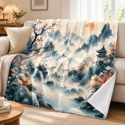 Flannel Throw Blanket - Japanese Landscape Print, Pagoda, Waterfall, Cherry Blossoms, Serene Scenery, Lightweight, Breathable, All-Season, Cozy, Decorative, for Sofa, Couch, Living Room and Bedroom