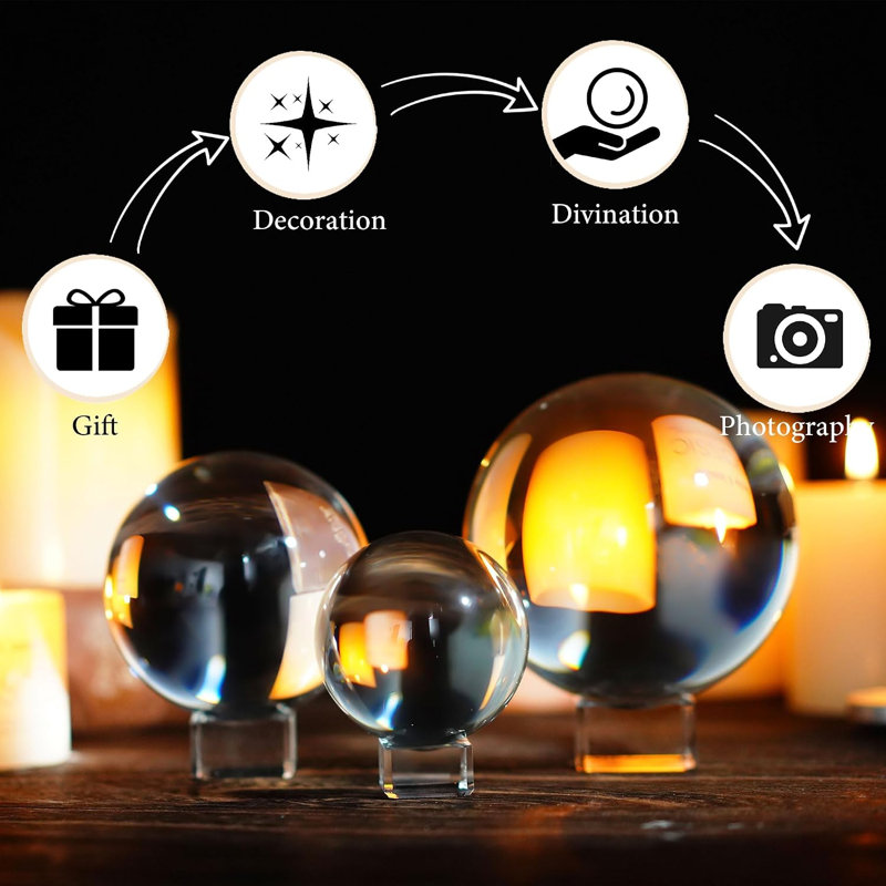 Ensemble de 3 boules de cristal décoratives en verre transparent avec présentoirs, sphères de table modernes
