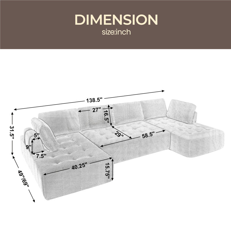 Canapé modulaire de 138,5 po, canapé en forme de U, salon, appartement, canapé 6 places, canapé combiné libre (tissu en filet), tissu respirant