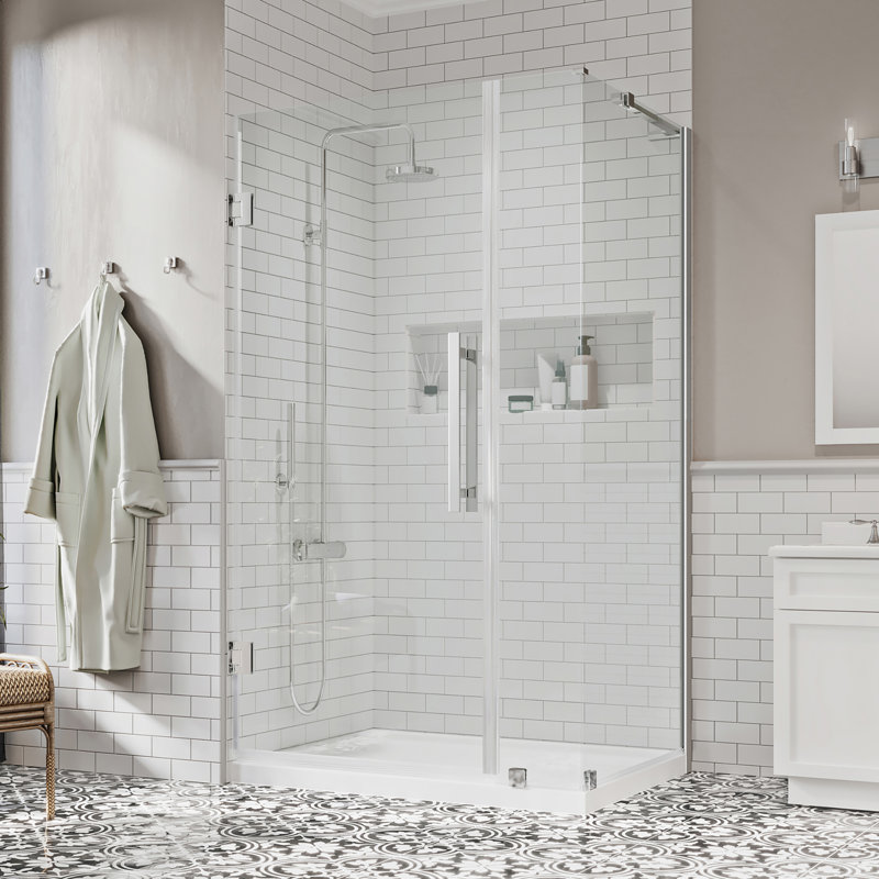 OVE Decors Panama X P 32 po P 74 po Ensemble de porte de douche pivotante en H sans cadre en chrome avec base, Chrome