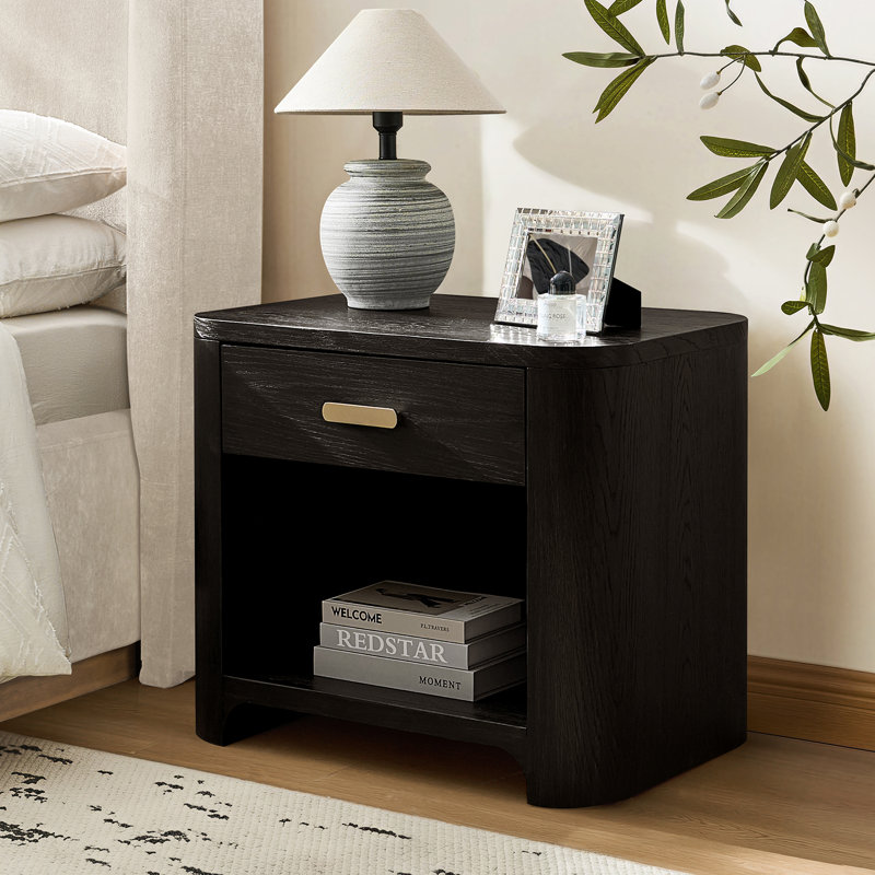 Waynesville Modern 28"W 1 Drawer Fully Assembled Oak Wood Nightstand with Built-In Powerstation and USB, Black