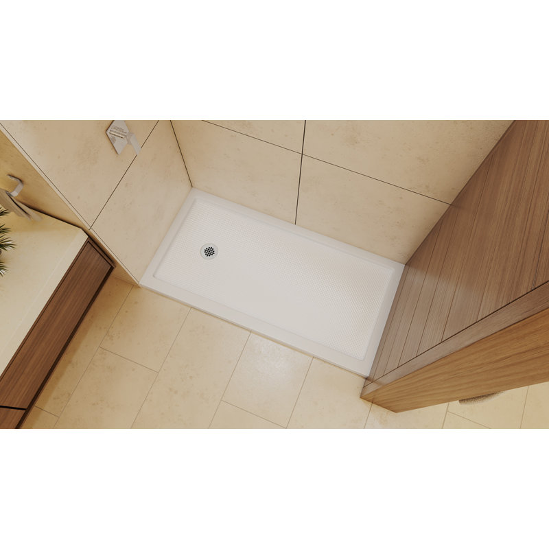 DreamLine SlimLine 32 inch D x 60 inch W x 2 3/4 inch H Single Threshold White Alcove Shower Base with 2 inch Chrome Left Round Drain