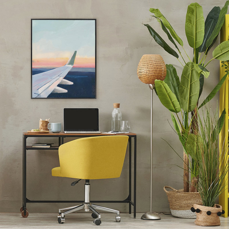 Avion, coucher de soleil sur une aile d'avion, conception de The Prints Vibe, 30 x 24, Midnight Black Giclee Framed