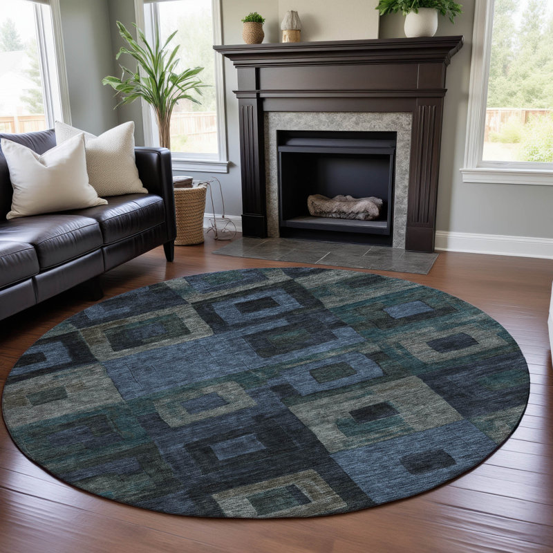 Premium Machine Washable Ducote AMF1142 Geometric Rug, Rond 8 pi