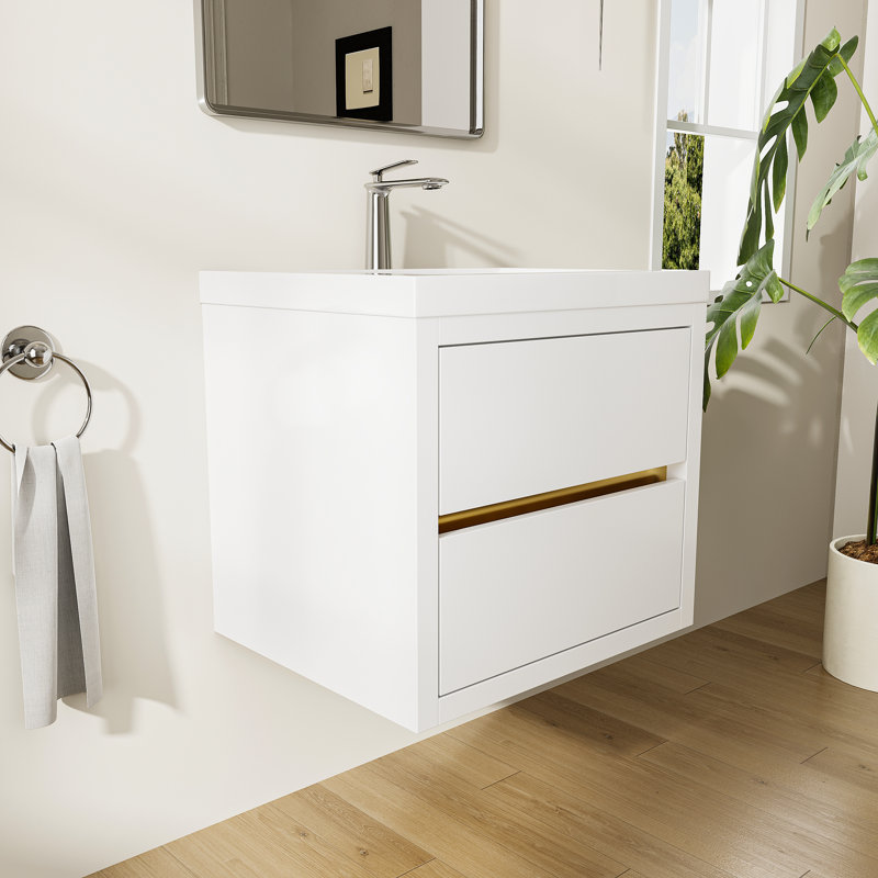 Meuble-lavabo mural blanc brillant 24 po avec comptoir en résine de pierre