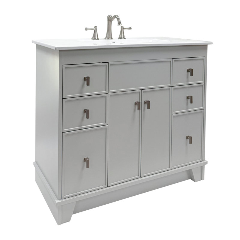 Meuble-lavabo simple 40 po - Finition gris clair avec comptoir en céramique blanche, Gris, Nickel brossé