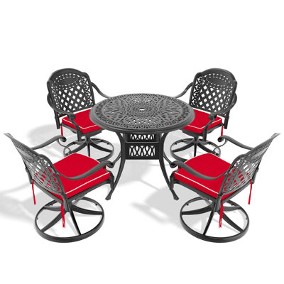 Ensemble de salle à manger 5 pièces en aluminium coulé résistant aux intempéries, comprenant 4 chaises pivotantes et une table ronde de 35,43 po avec structure noire