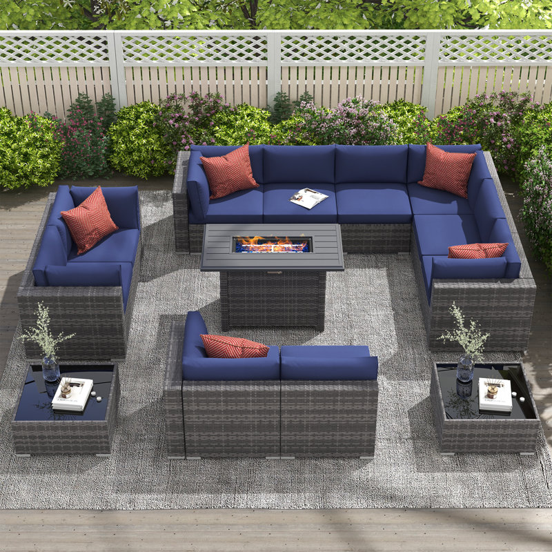 Bult Wicker 10 - Person Modular Patio Conversation Set with Cushions, Gray Frame/Navy Cushion