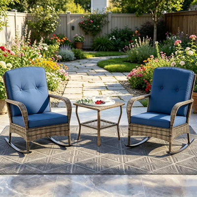 Outdoor Rocking Bistro Set, Wicker Outdoor Rocking Chair With Washable Cushions, Rattan Rocking Chairs With Rattan Table, Outdoor Wicker Chair For Patio Backyard Porch Garden,3 Pieces,Blue