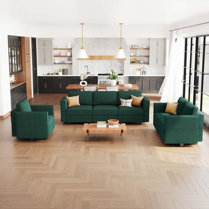 Ensemble de canapé modulaire en velours Ridoy, Velours côtelé vert