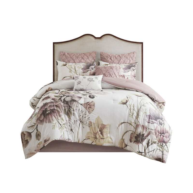 Ensemble d'édredon 8 pièces pour très grand lit californien Blush - Collection de literie à motif floral avec coussins décoratifs et jupe de lit