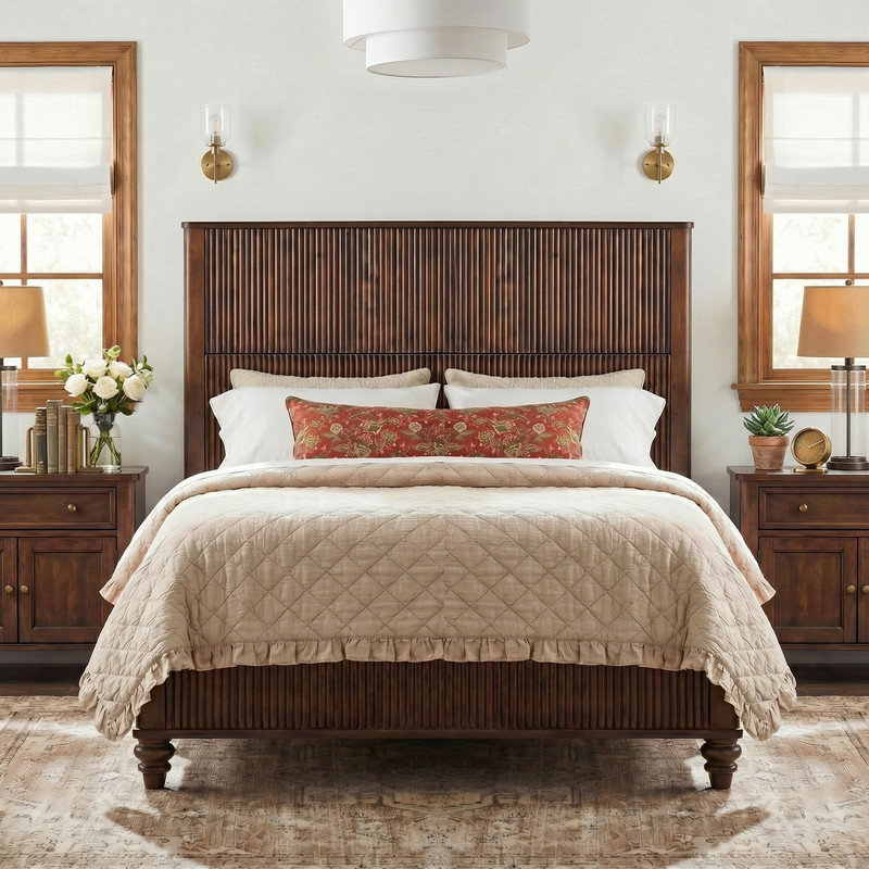 Structure de lit plateforme en bois massif grand format avec tête de lit Reeded, pas de sommier tapissier, finition noyer