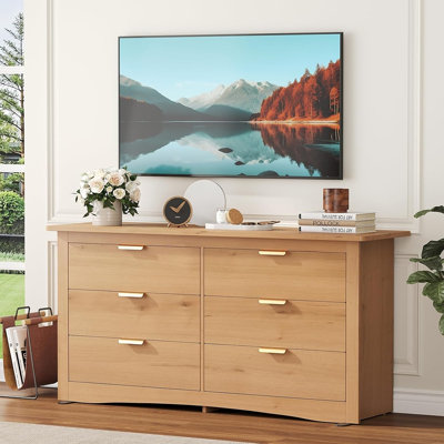 Commode à 6 tiroirs, grande commode moderne en bois avec poignées en métal, meuble télé, style campagnard, pour chambre, salon, couloir et bureau à domicile.