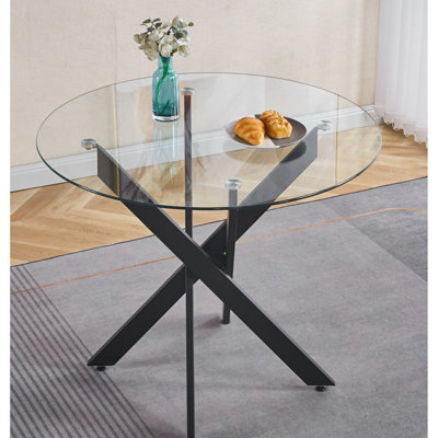 Table de salle à manger noire avec pieds en croix en métal et verre trempé | Cadre en verre | 1 pièce | Table de salle à manger | Noir