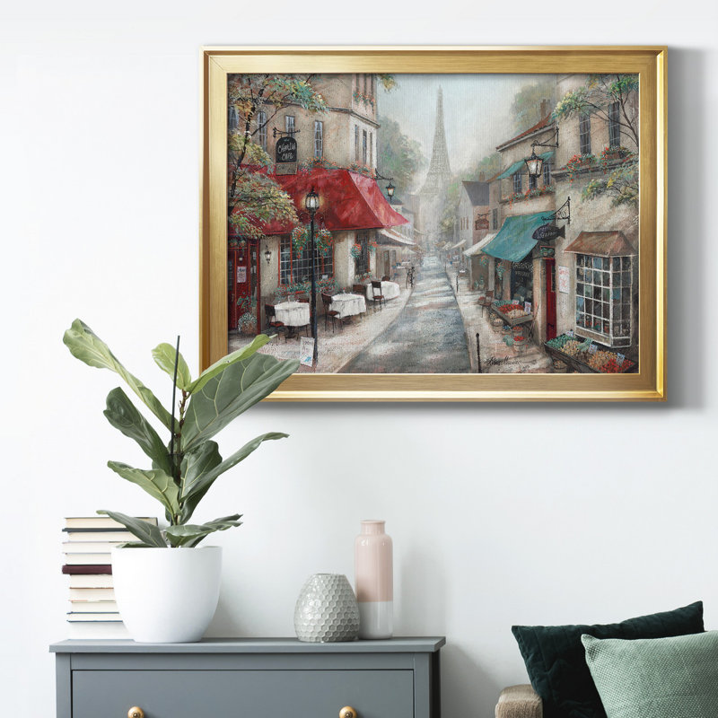 «Eiffel View From Charlie's café», toile encadrée de qualité supérieure - prête à être accrochée, Or