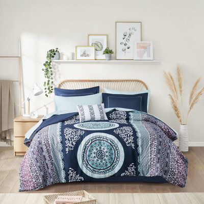 Literie pour lit simple TG avec draps - Thème médaillon bleu marine, tissu en microfibre, médaillon de style édredon taie d'oreiller, taies décoratives brodées