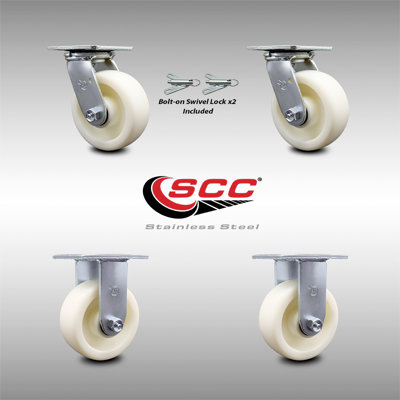 5 Inch Stainless Steel Nylon Caster Set with Roll Bearings 2 Swivel Lock 2 Rigid
