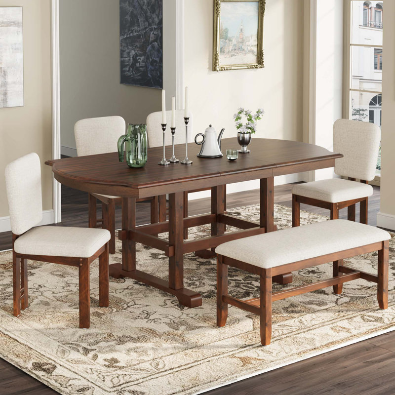 Ensemble de table de salle à manger extensible Traditional avec banc amovible et 4 chaises rembourrées