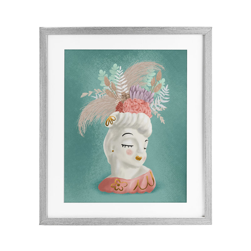 «Vintage Lady with Boho Flowers», reproduction encadrée sous verre, conception de Jilly Jack Designs, Cadre de ferme gris