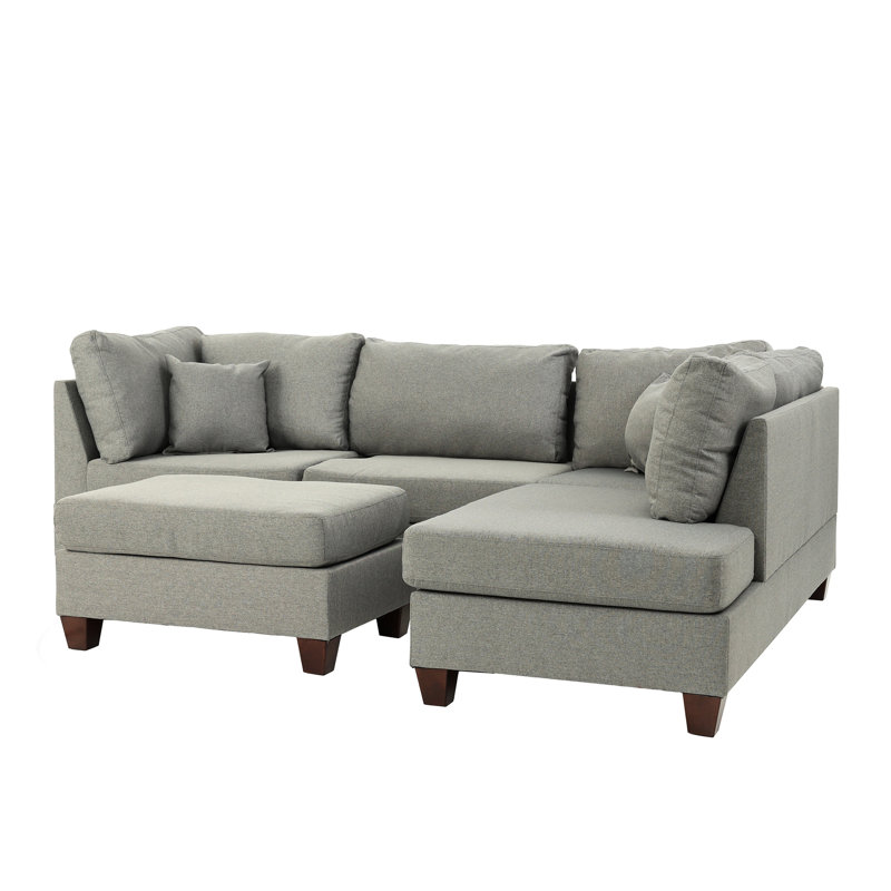 Canapé modulaire réversible en polyfibre avec revêtement gris pour un espace de vie contemporain, siège en forme de L à 3 places, avec coussins décoratifs, chambre classique en pin massif et sièges, avec structure en mousse décorative