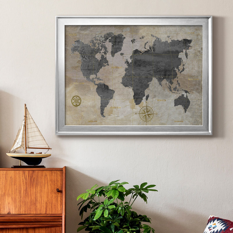 Carte du monde modélisée, toile encadrée de qualité supérieure - prête à être accrochée, Argent