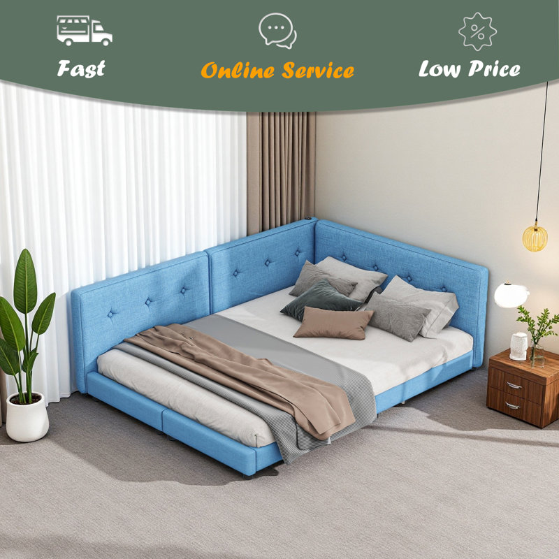 Lit plateforme tapissier avec ports USB, Grand lit