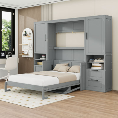 Lit escamotable 4 tiroirs en bois avec placard et tablettes