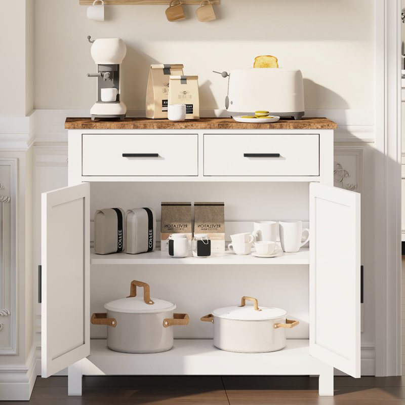 Armoire de bureau moderne - blanc avec 2 portes et tiroirs Buffet de rangement pour la cuisine pour le salon, la salle à manger pouvant contenir une cafetière, un grille-pain, un buffet, un rangement pour le papier de rechange