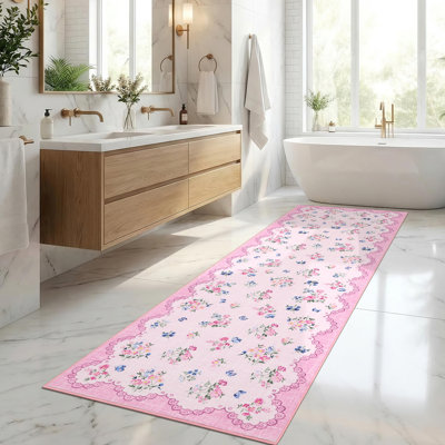 Tapis floral lavable à la machine avec envers en caoutchouc, tapis antidérapant pliable, revêtement de sol doux et facile d'entretien pour la chambre à coucher